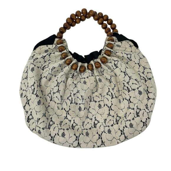 NWOT Vintage Talbots Lace Satchel Purse Wooden Beaded Handle Ivory Cream Snap - Picture 10 of 10